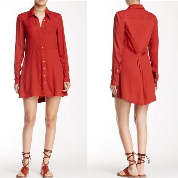 Free People Red Long Sleeve Button Down Polka Dot Shirt Dress - Picture 1 of 7